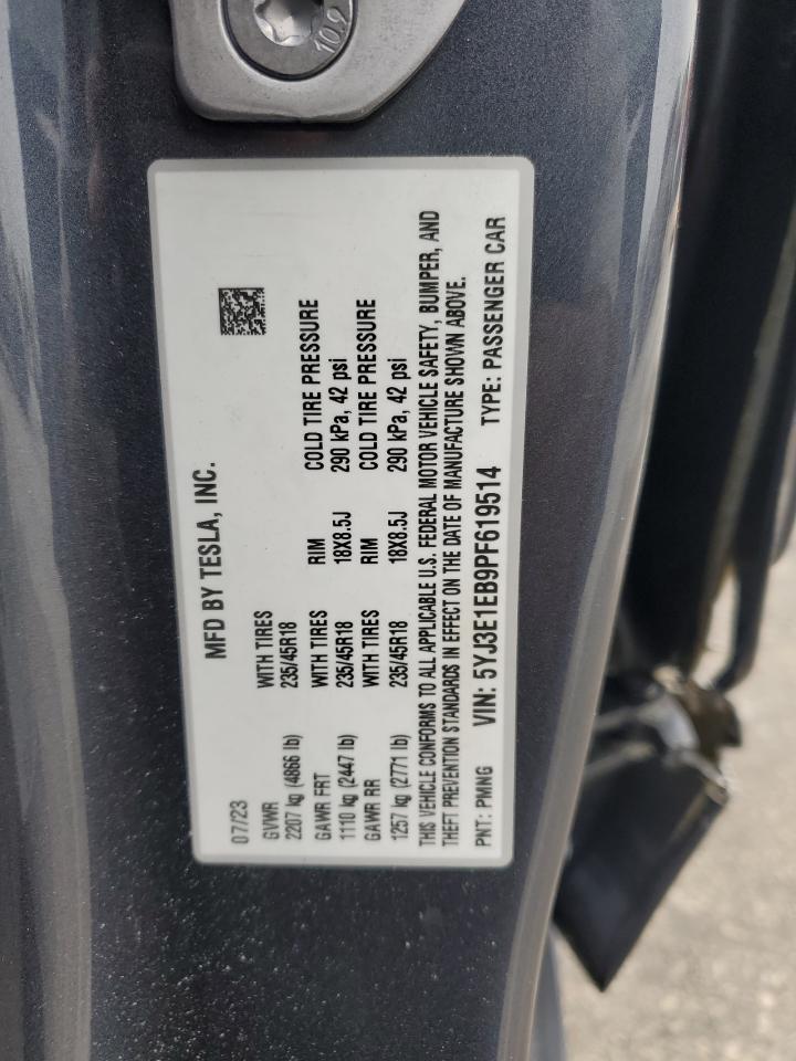 2023 TESLA MODEL 3  VIN:5YJ3E1EB9PF619514
