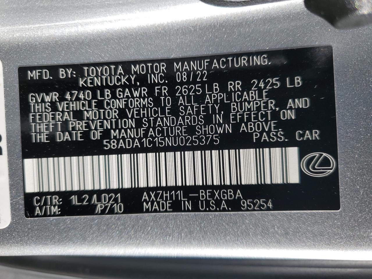 2022 LEXUS ES 300H BASE VIN:58ADA1C15NU025375