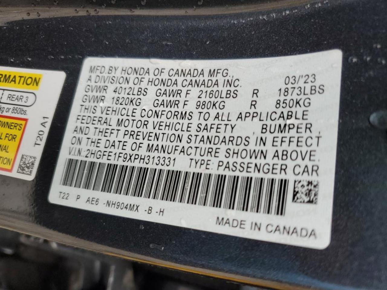 2023 HONDA CIVIC TOURING VIN:2HGFE1F9XPH313331