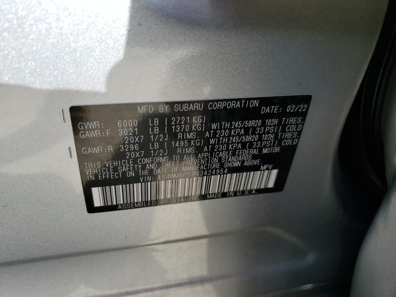 2022 SUBARU ASCENT LIMITED VIN:4S4WMAPD9N3424954