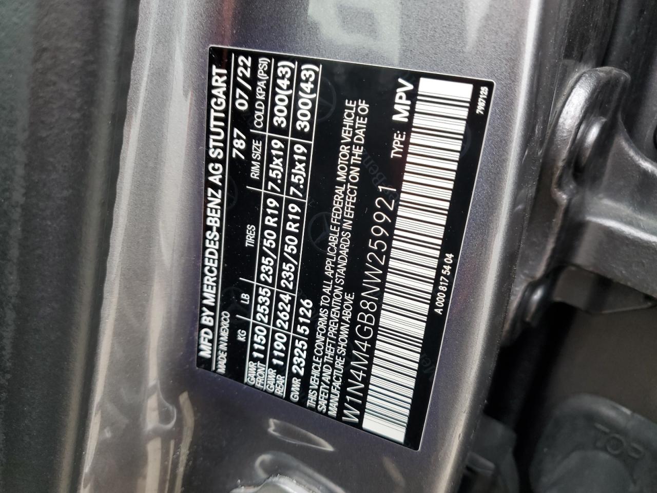 2022 MERCEDES-BENZ GLB 250 VIN:W1N4M4GB8NW259921