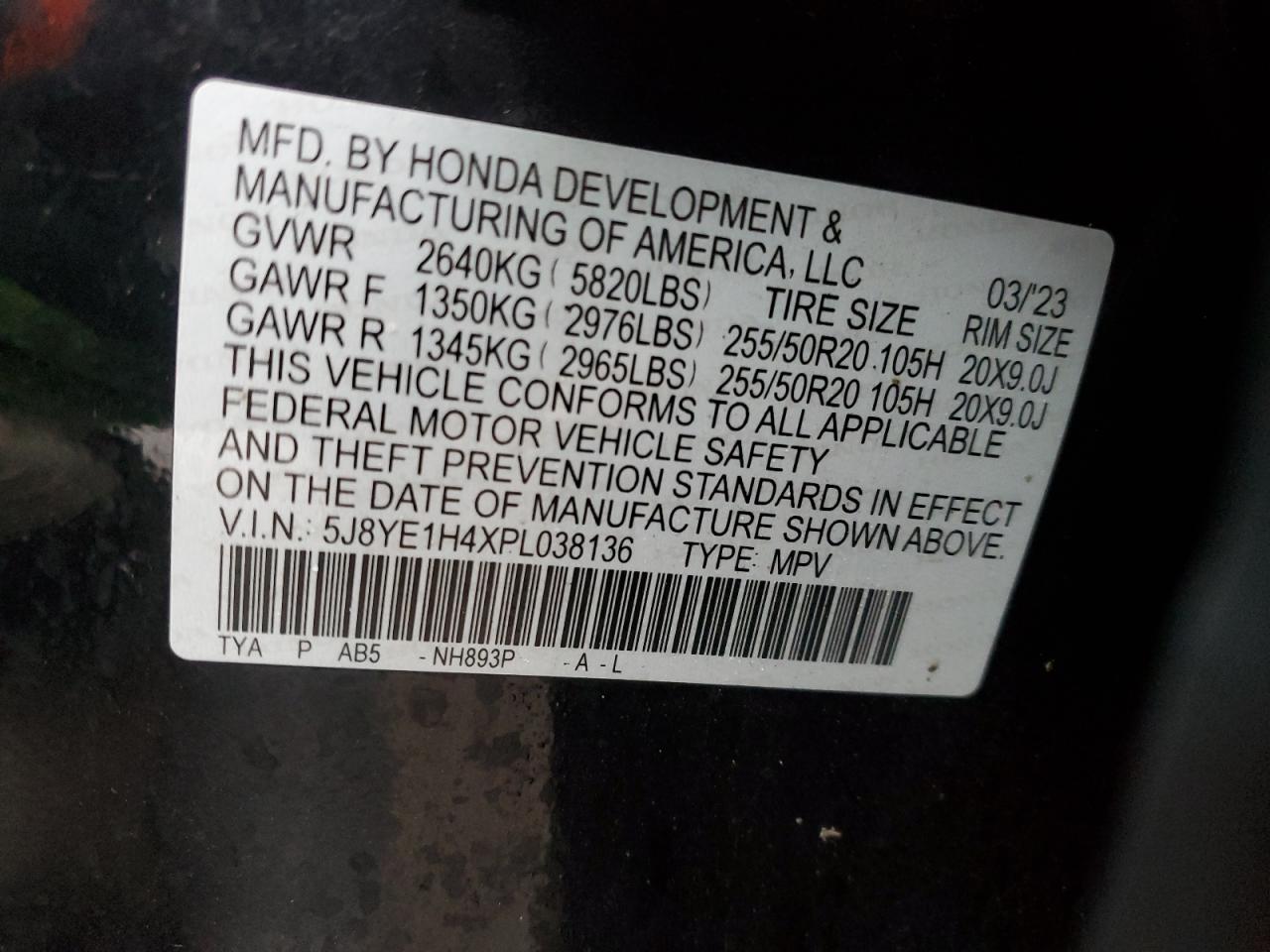 2023 ACURA MDX TECHNOLOGY VIN:5J8YE1H4XPL038136