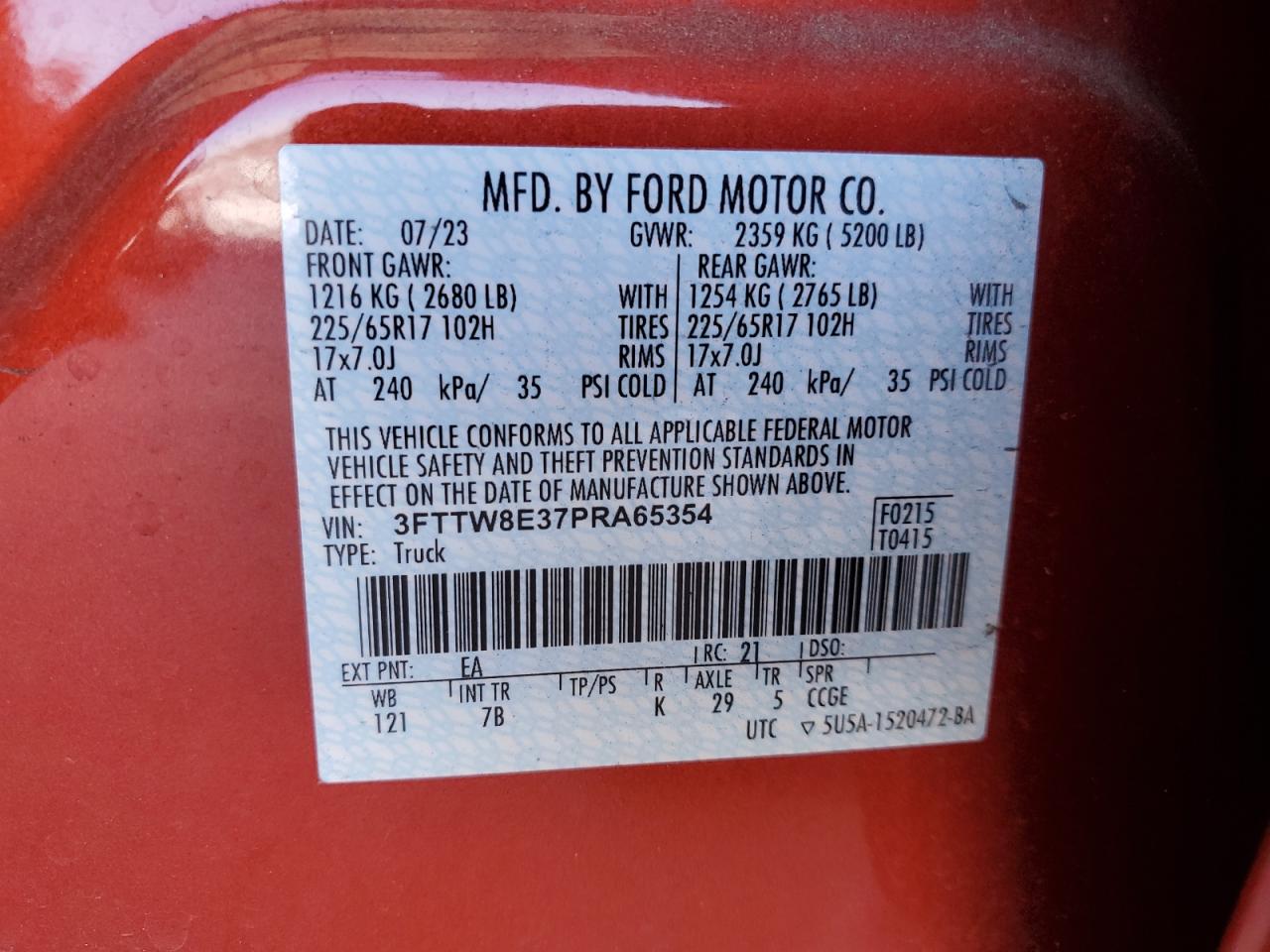 2023 FORD MAVERICK XL VIN:3FTTW8E37PRA65354