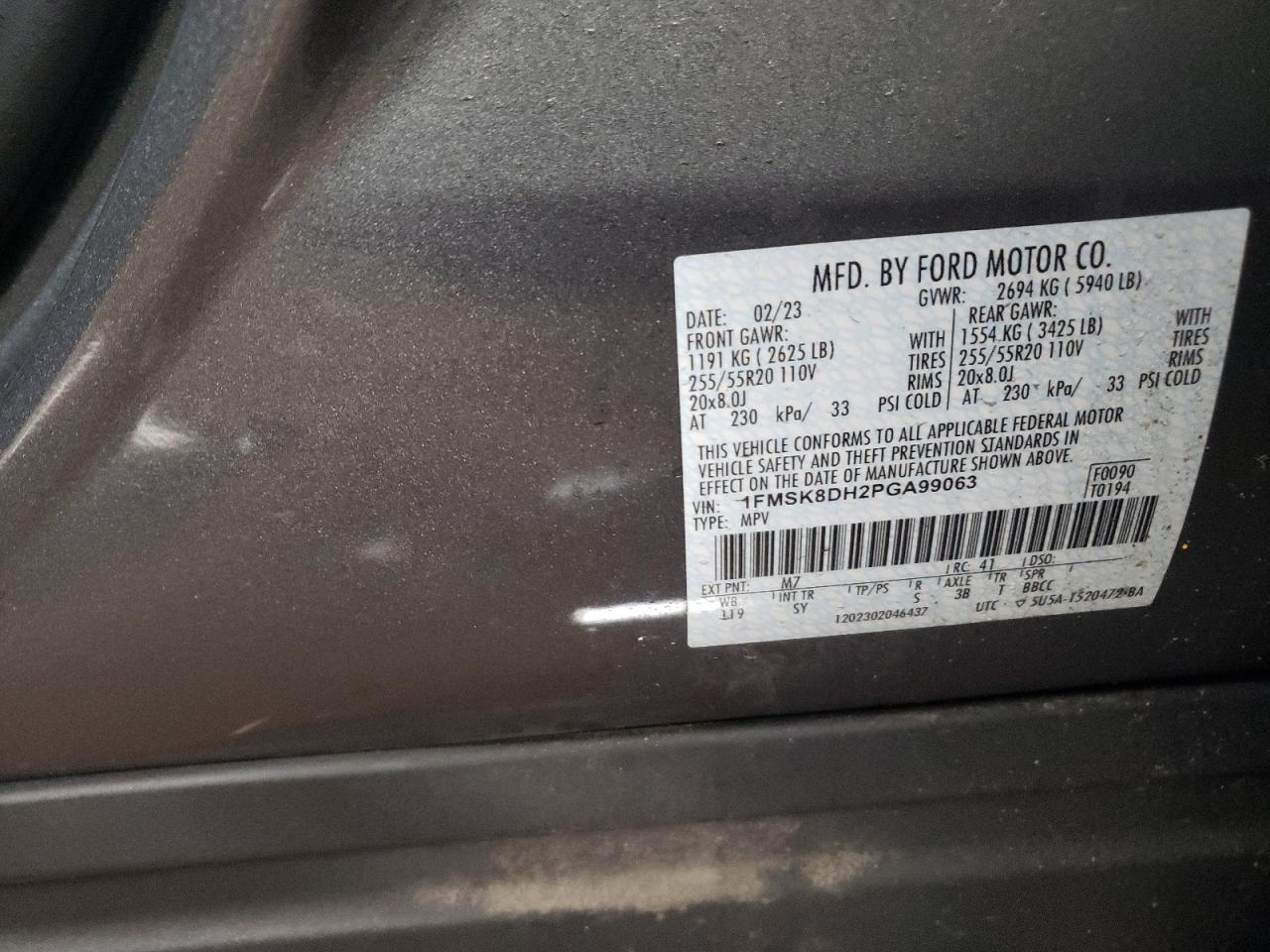 2023 FORD EXPLORER XLT VIN:1FMSK8DH2PGA99063