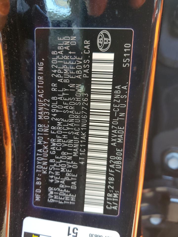 2022 TOYOTA CAMRY LE VIN:4T1C11AK1NU677263