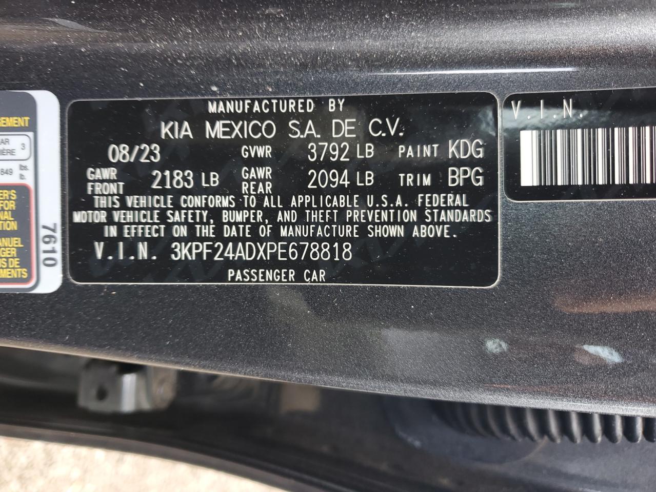 2023 KIA FORTE LX VIN:3KPF24ADXPE678818