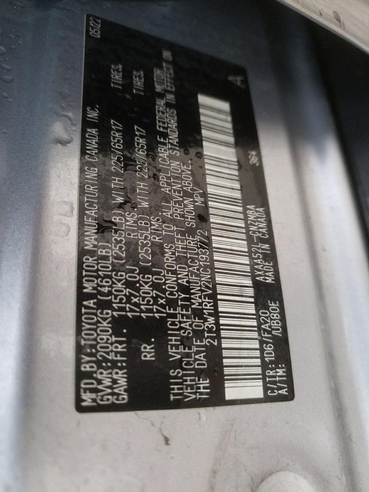 2022 TOYOTA RAV4 XLE VIN:2T3W1RFV2NC193772