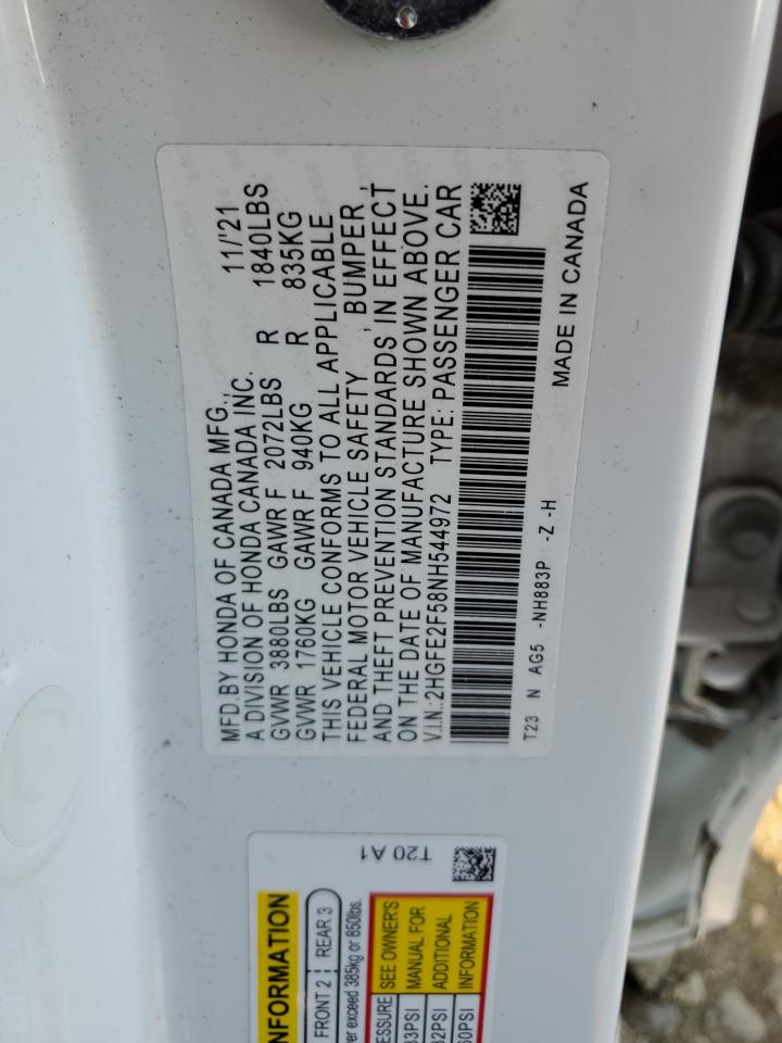 2022 HONDA CIVIC SPORT VIN:2HGFE2F58NH544972