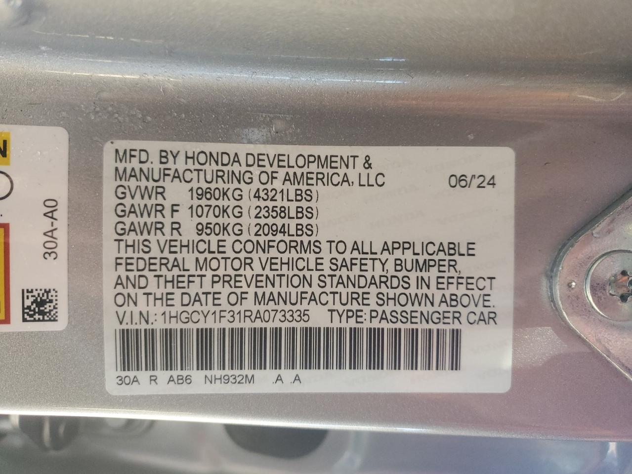 2024 HONDA ACCORD EX VIN:1HGCY1F31RA073335