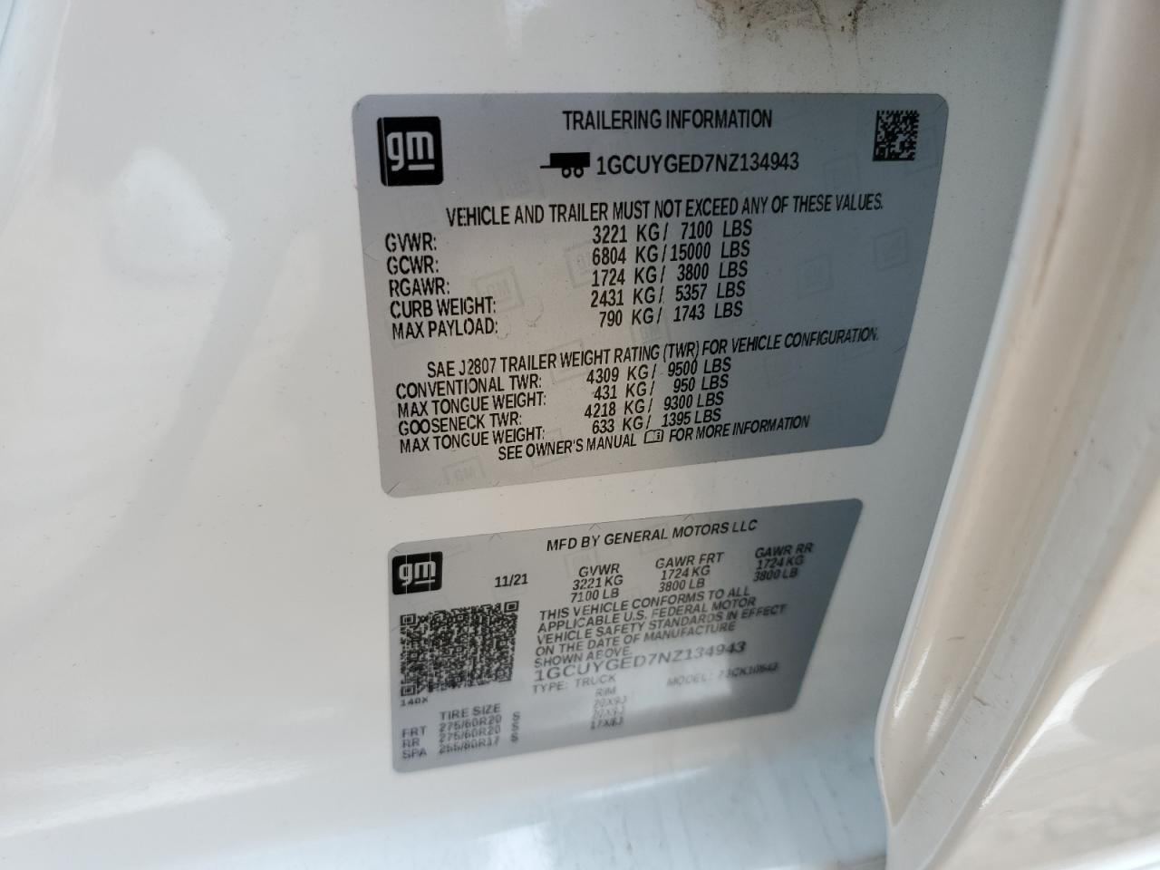 2022 CHEVROLET SILVERADO LTD K1500 LTZ VIN:1GCUYGED7NZ134943