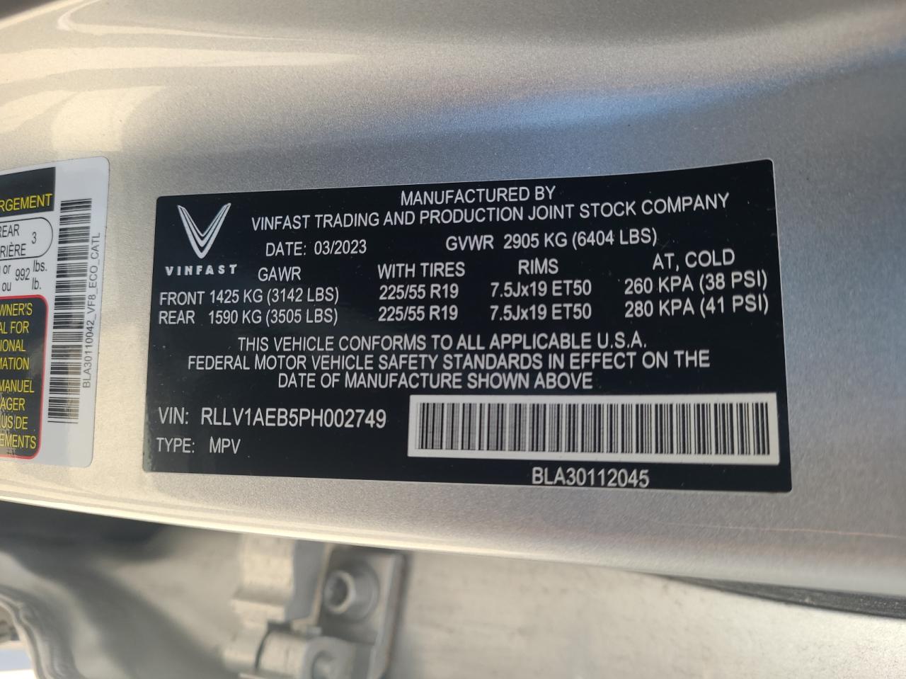 2023 VINFAST TRADING AND PRODUCTION LLC VF 8 ECO VIN:RLLV1AEB5PH002749