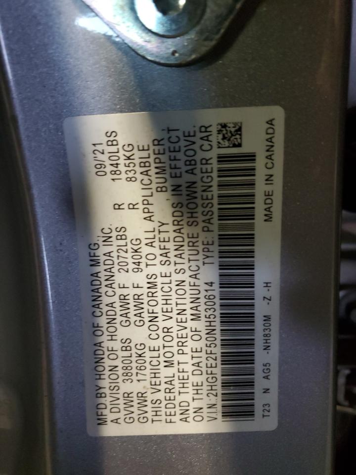 2022 HONDA CIVIC SPORT VIN:2HGFE2F50NH530614