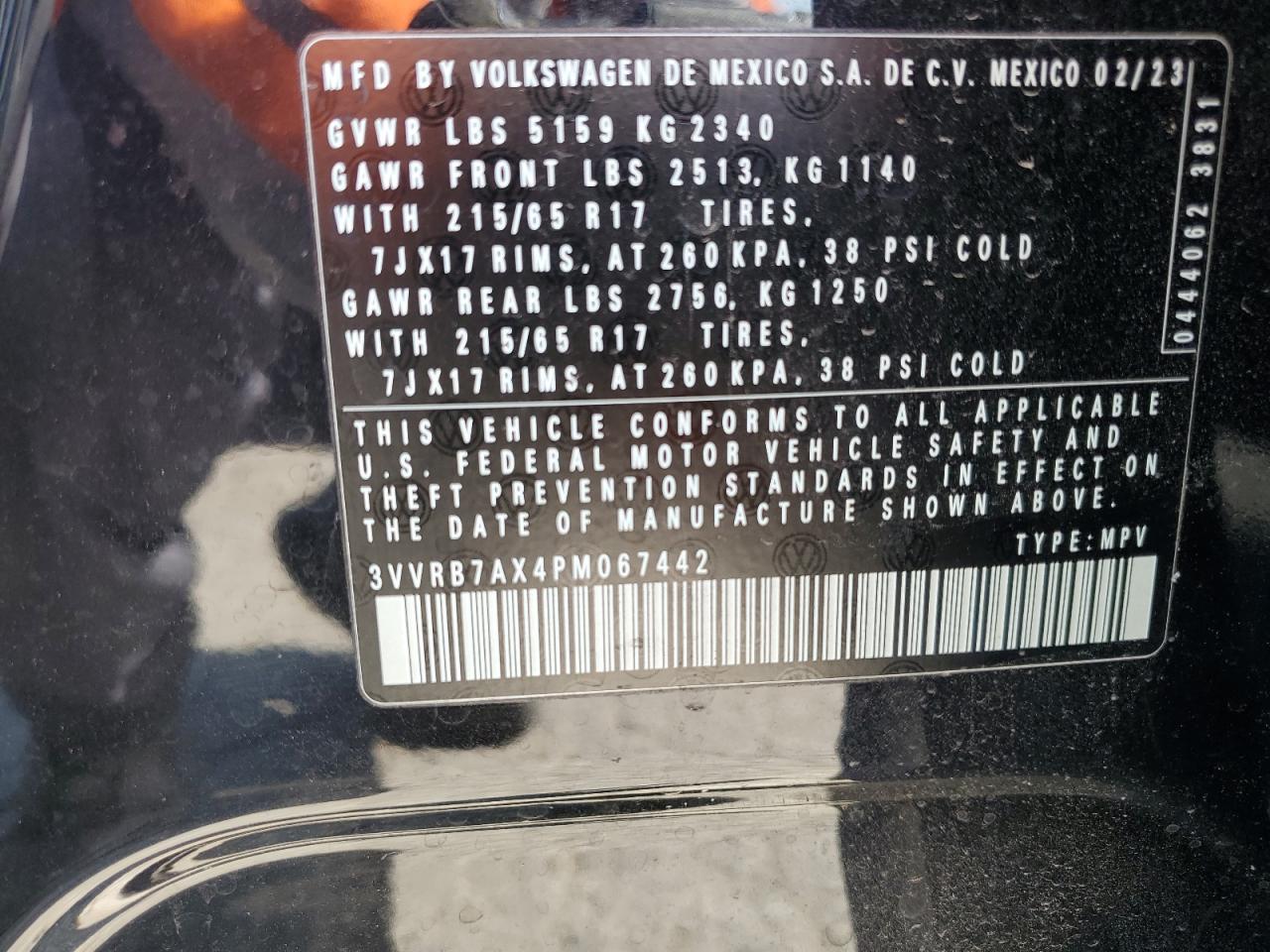 2023 VOLKSWAGEN TIGUAN S VIN:3VVRB7AX4PM067442
