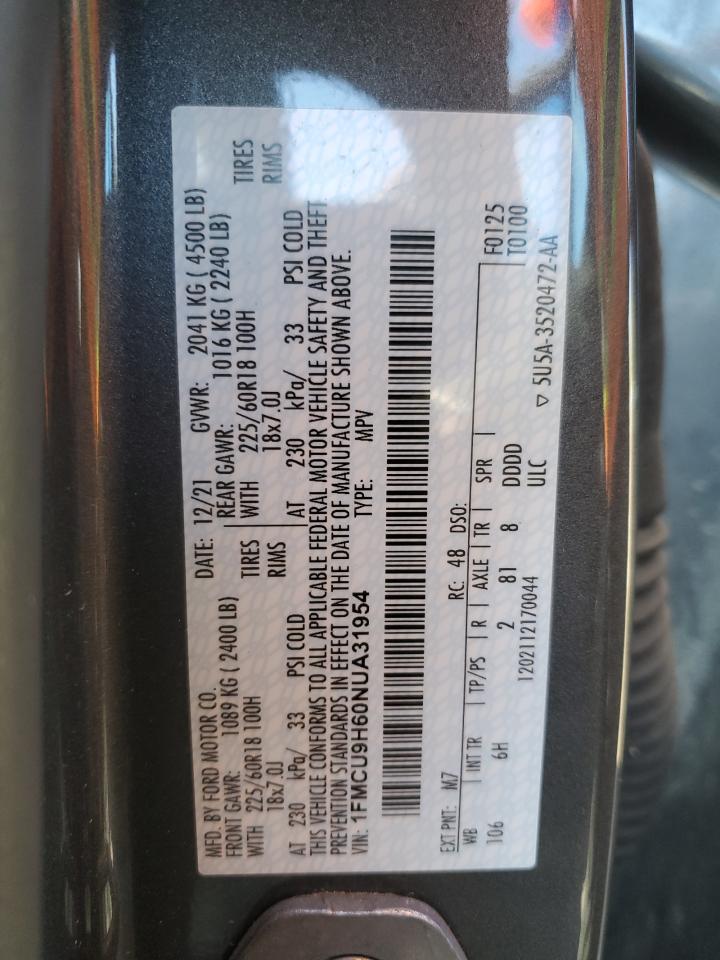 2022 FORD ESCAPE SEL VIN:1FMCU9H60NUA31954
