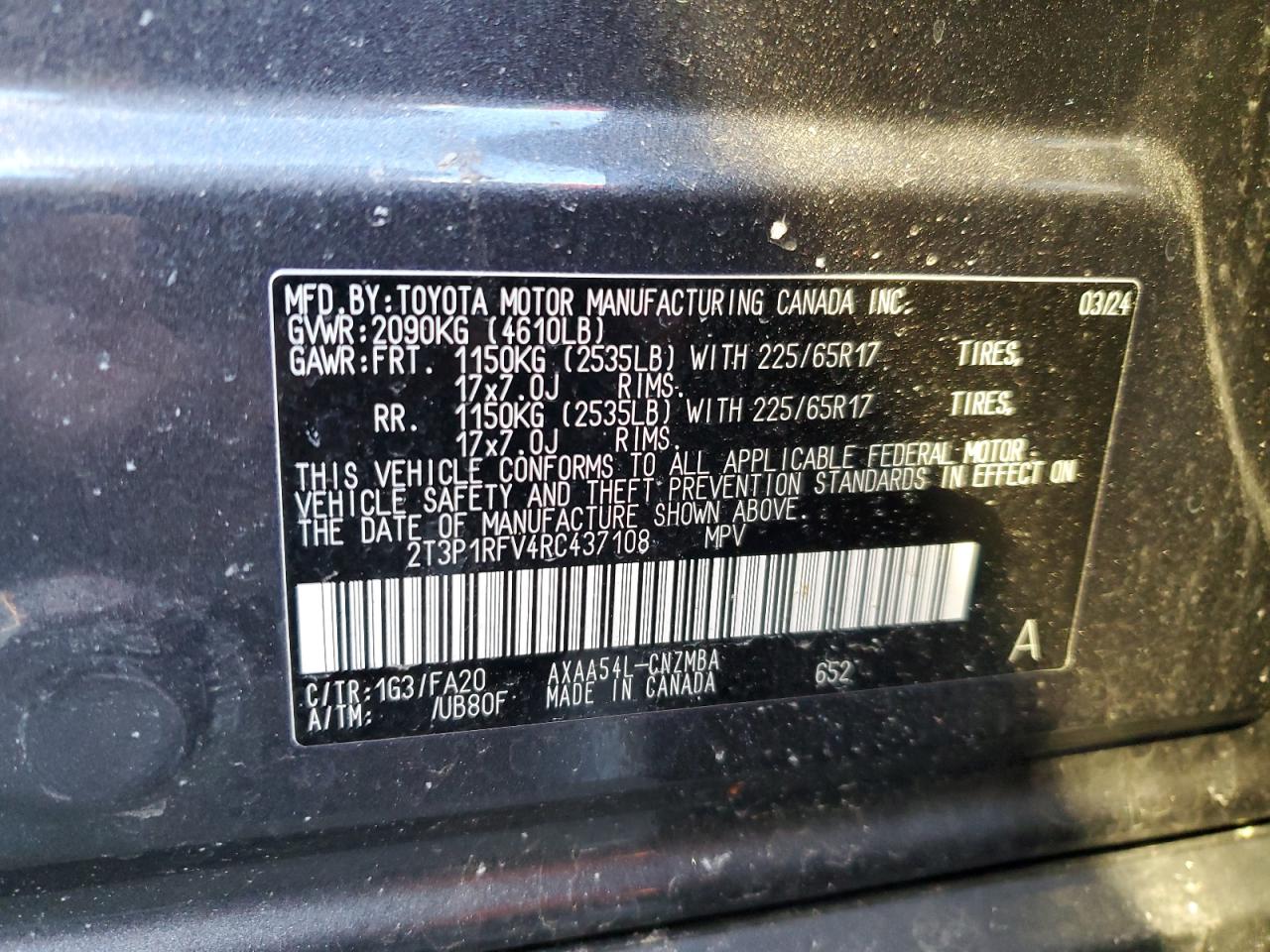 2024 TOYOTA RAV4 XLE VIN:2T3P1RFV4RC437108