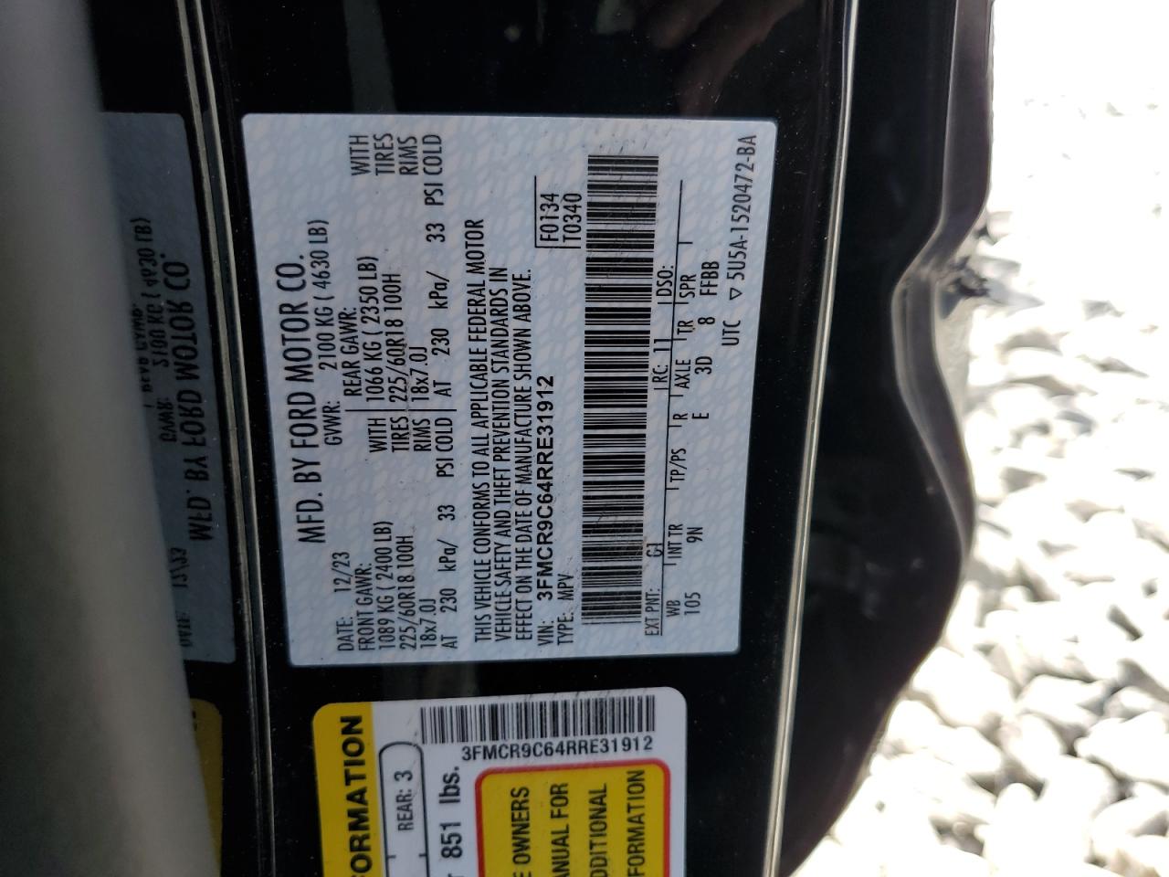 2024 FORD BRONCO SPORT OUTER BANKS VIN:3FMCR9C64RRE31912