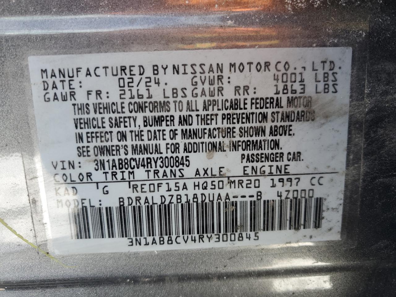 2024 NISSAN SENTRA SV VIN:3N1AB8CV4RY300845