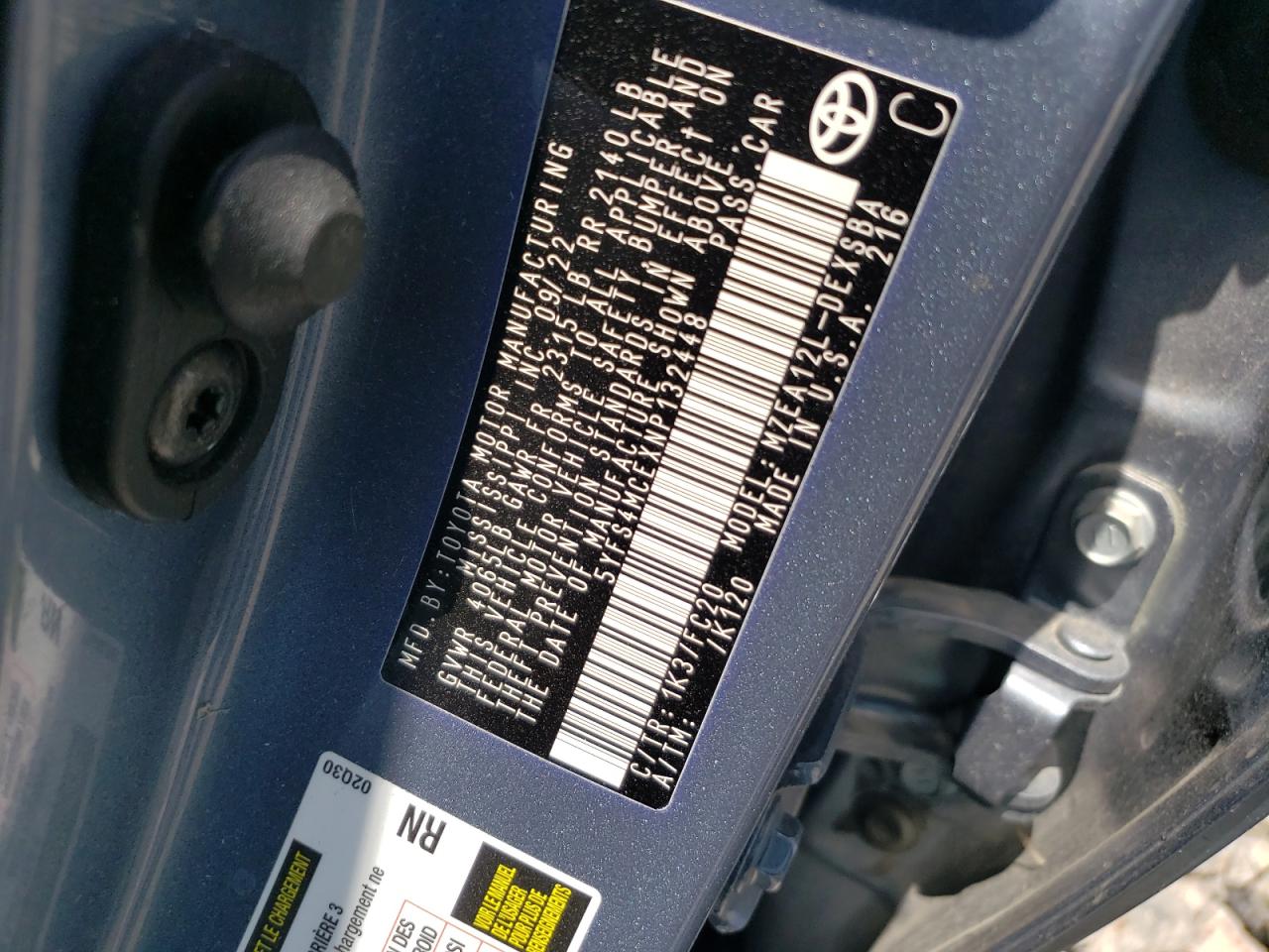 2022 TOYOTA COROLLA SE VIN:5YFS4MCEXNP132448