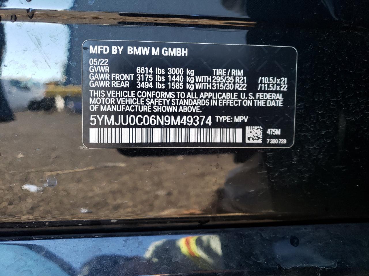 2022 BMW X5 M VIN:1FTNX21S9XEC34633