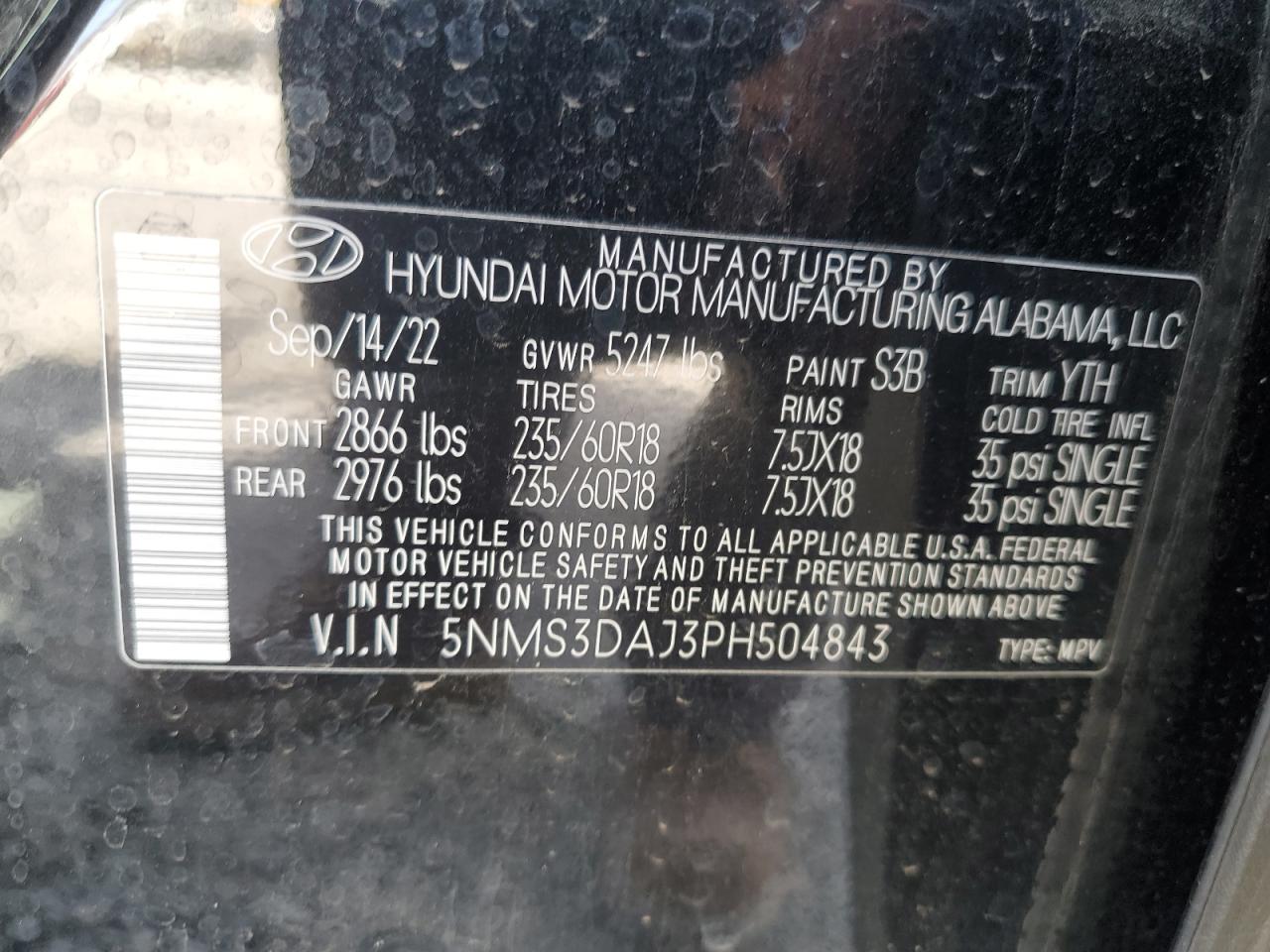 2023 HYUNDAI SANTA FE SEL PREMIUM VIN:5NMS3DAJ3PH504843