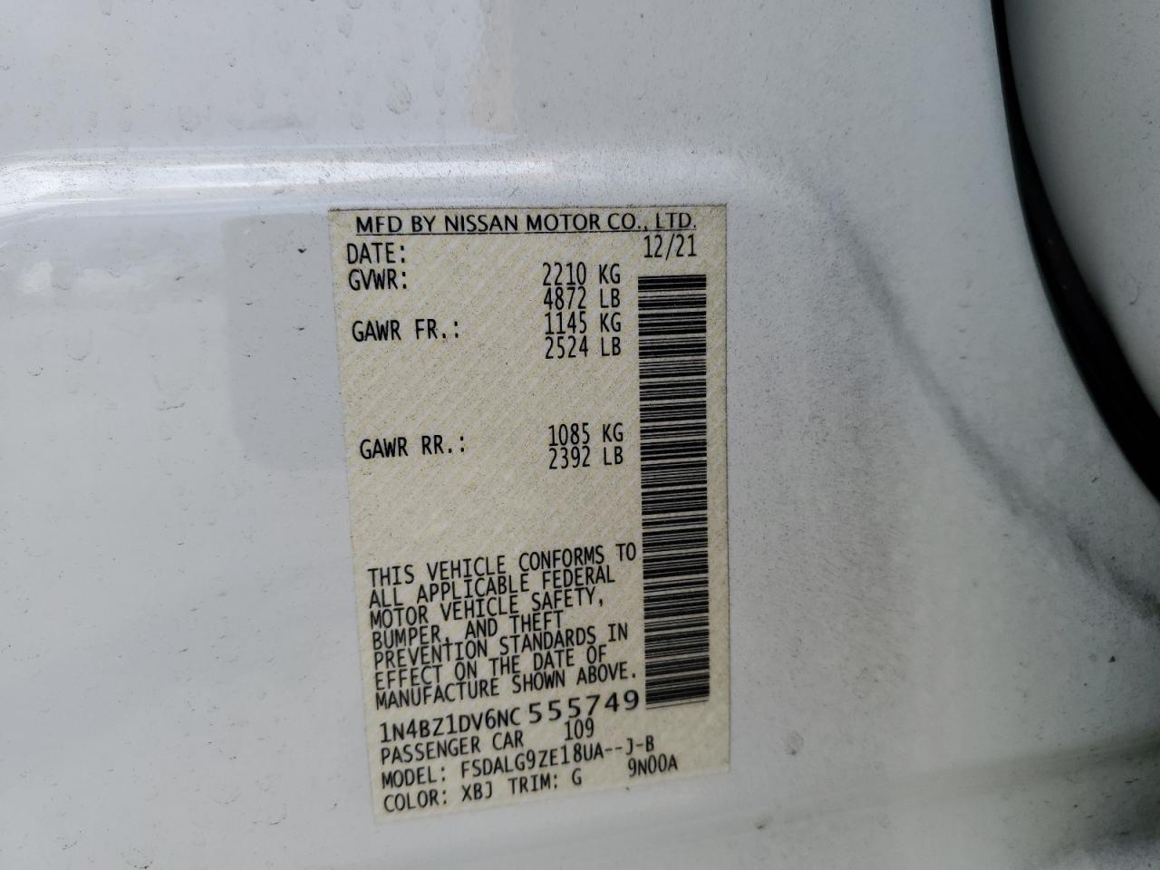 2022 NISSAN LEAF SL PLUS VIN:1N4BZ1DV6NC555749