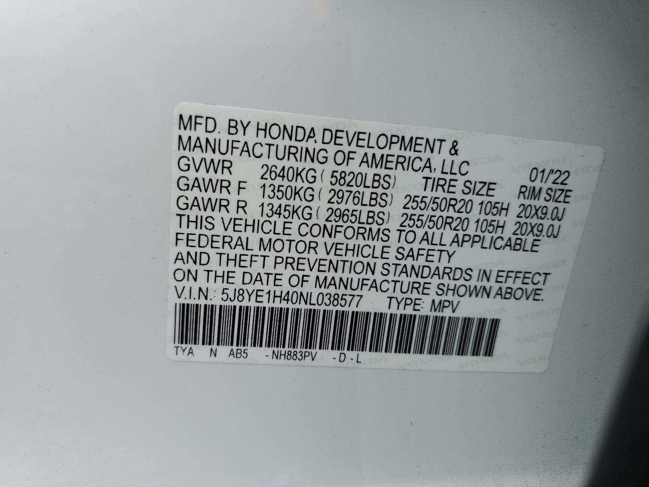 2022 ACURA MDX TECHNOLOGY VIN:5J8YE1H40NL038577