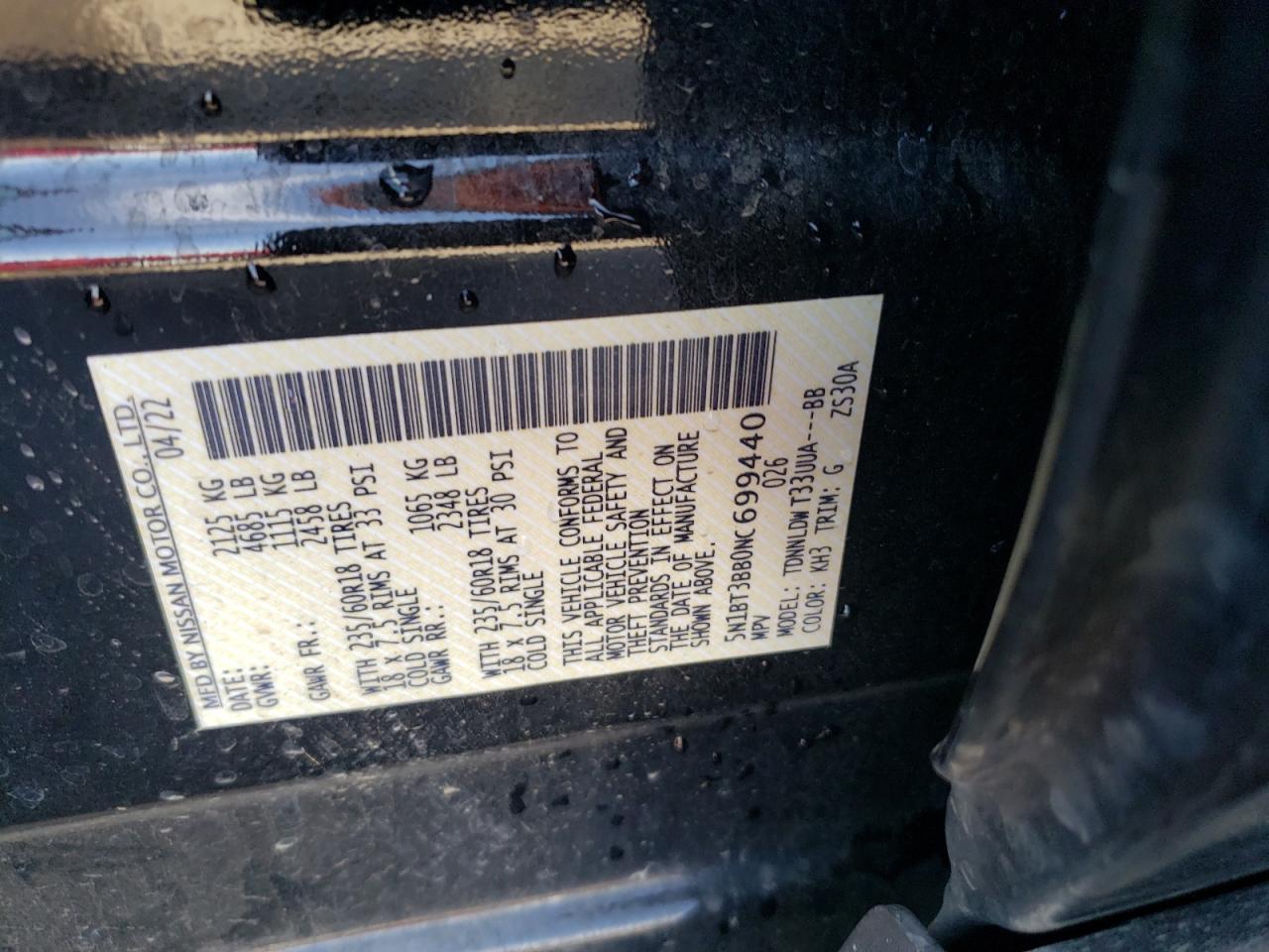 2022 NISSAN ROGUE SV VIN:5N1BT3BB0NC699440