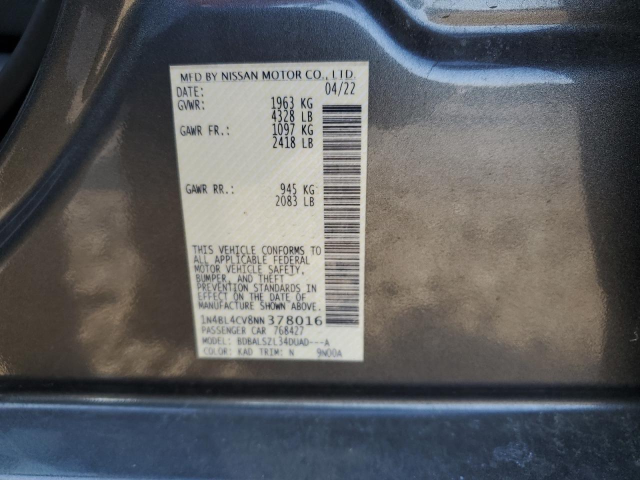 2022 NISSAN ALTIMA SR VIN:1N4BL4CV8NN378016