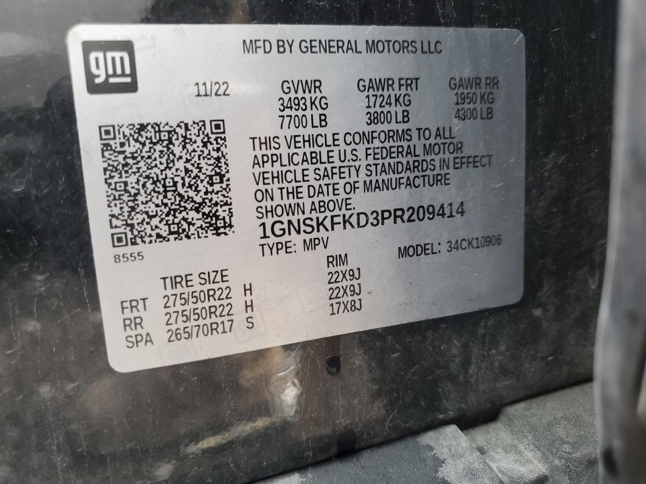 2023 CHEVROLET SUBURBAN K1500 PREMIER VIN:1GNSKFKD3PR209414