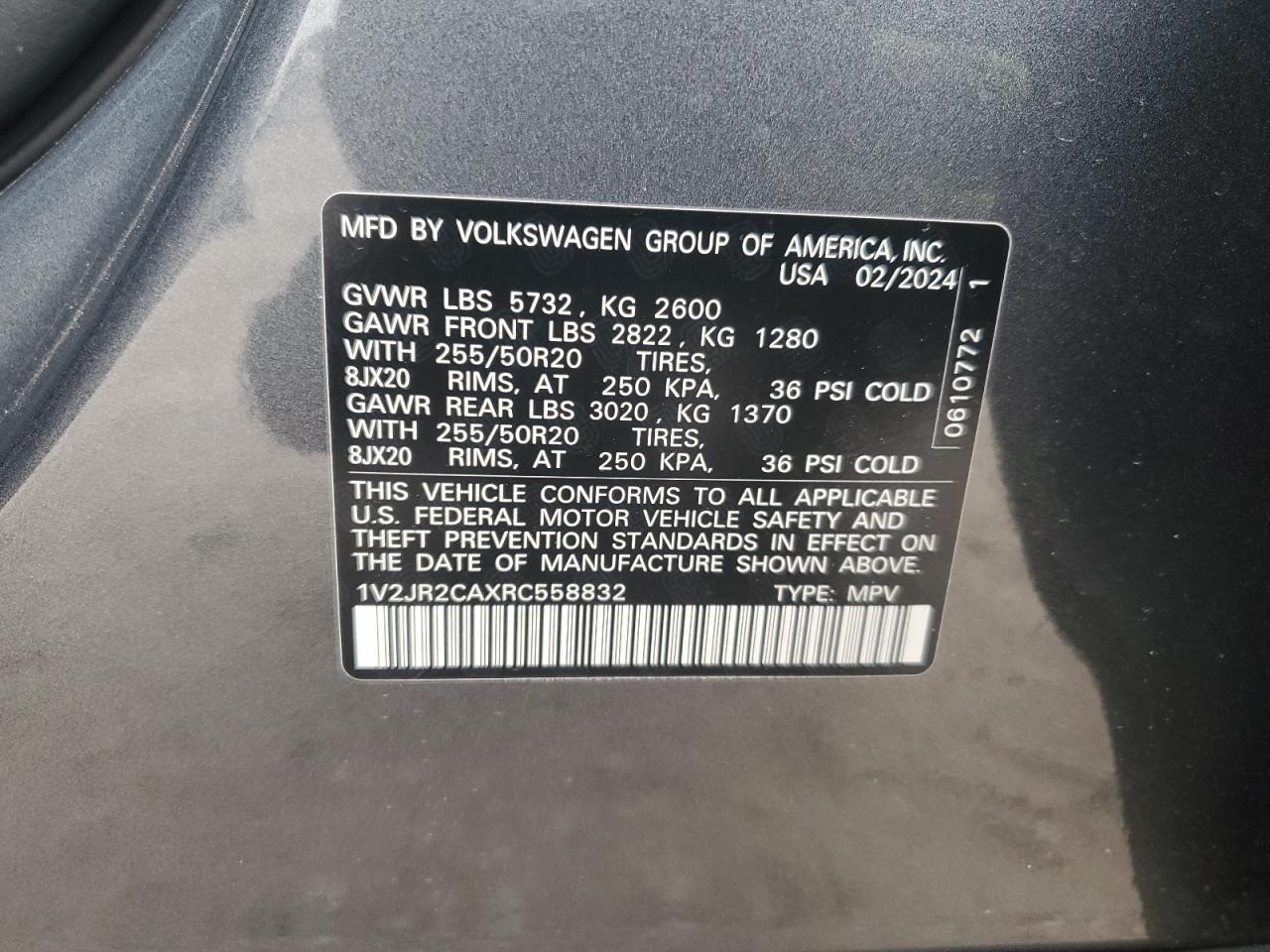 2024 VOLKSWAGEN ATLAS SE VIN:1V2JR2CAXRC558832