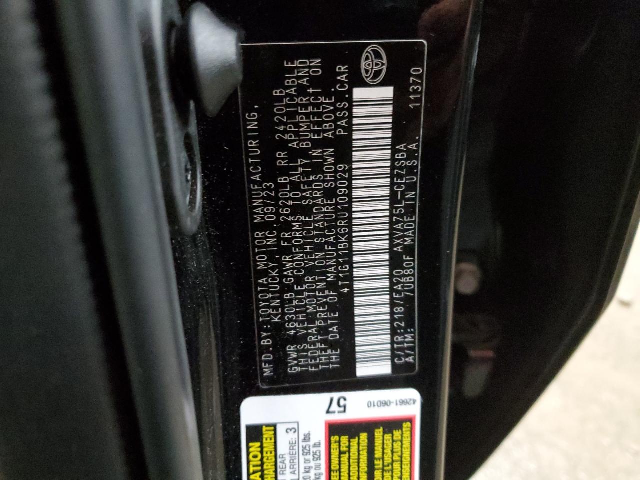 2024 TOYOTA CAMRY SE NIGHT SHADE VIN:4T1G11BK6RU109029