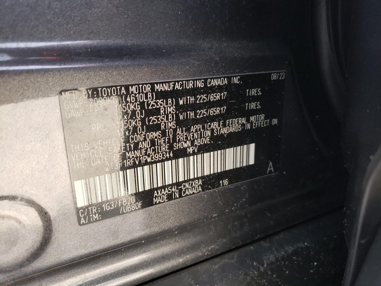 2023 TOYOTA RAV4 LE VIN:2T3F1RFV1PW399344