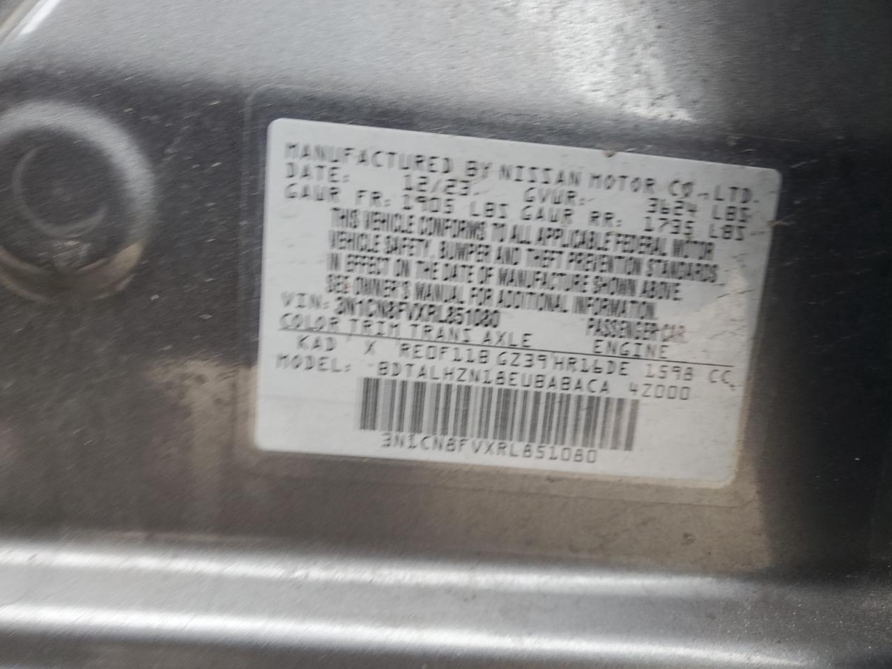 2024 NISSAN VERSA SR VIN:3N1CN8FVXRL851080