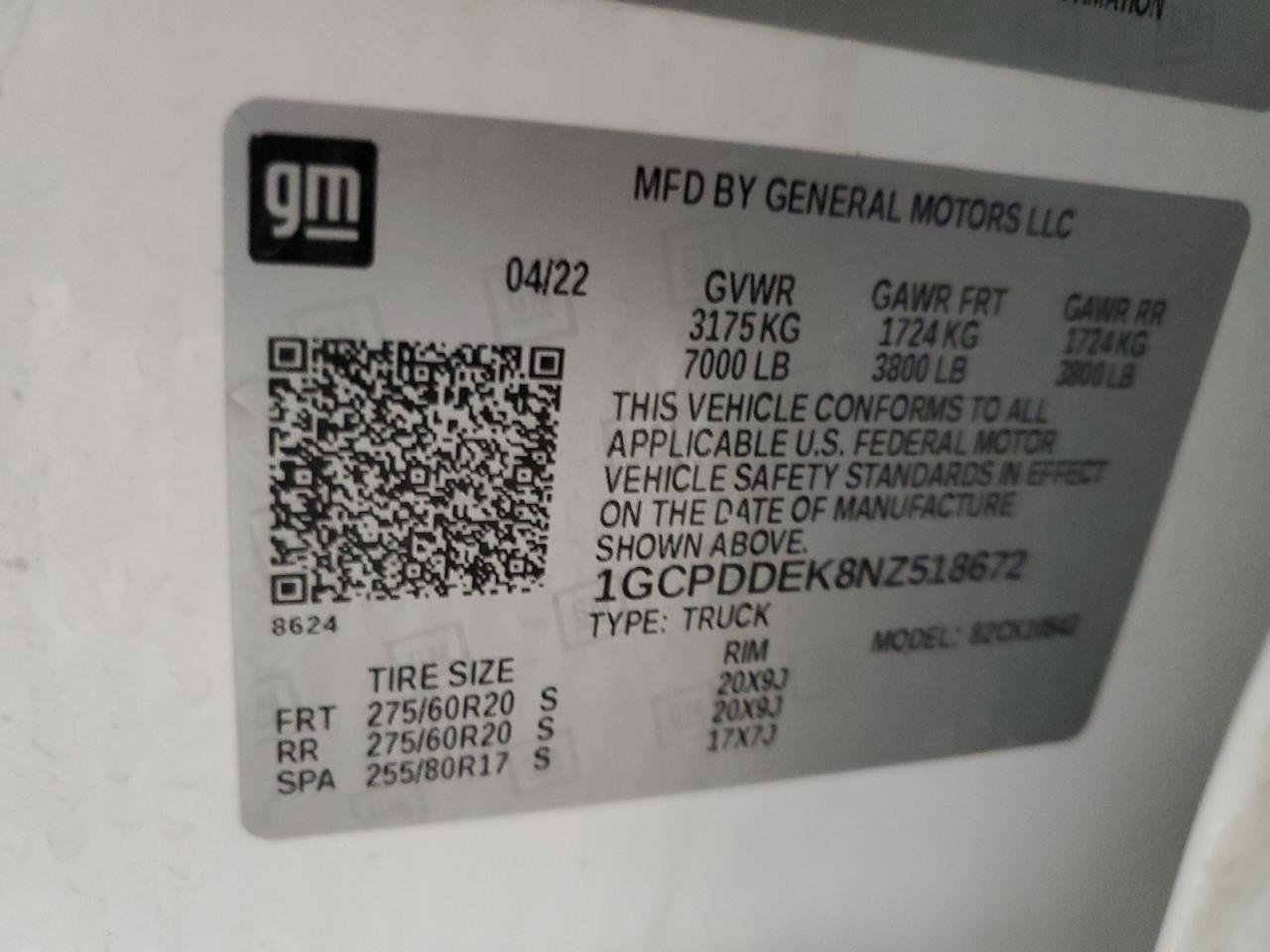 2022 CHEVROLET SILVERADO K1500 LT VIN:1GCPDDEK8NZ518672