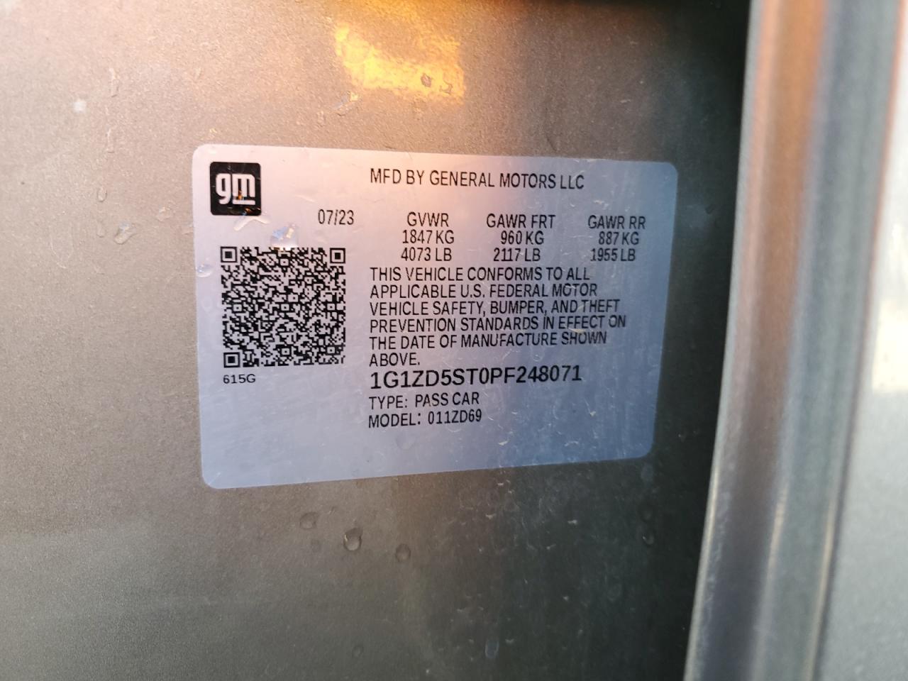 2023 CHEVROLET MALIBU LT VIN:1G1ZD5ST0PF248071