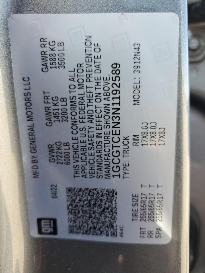 2022 CHEVROLET COLORADO LT VIN:1GCGTCEN3N1192589