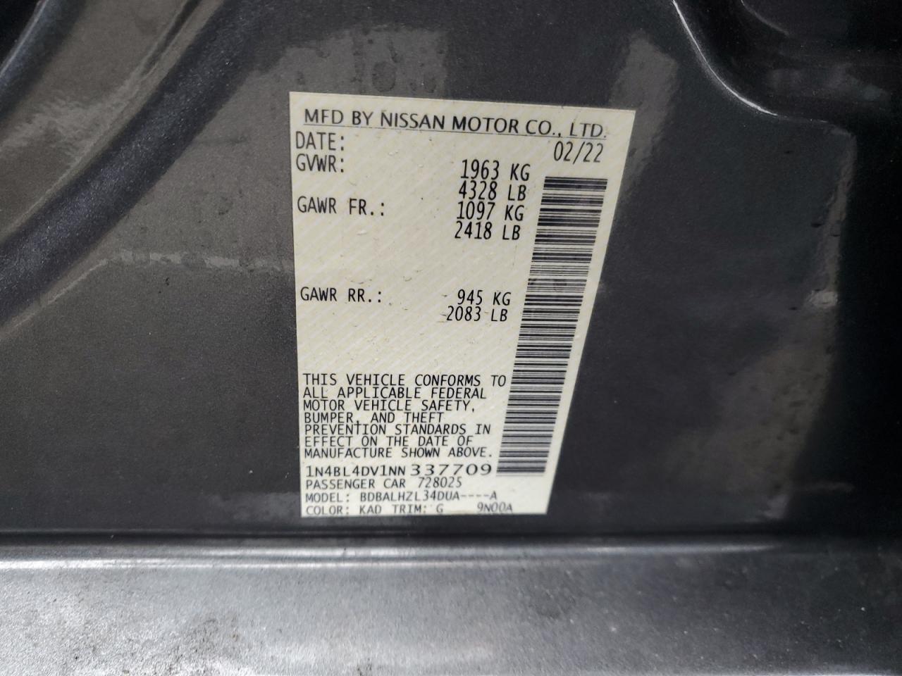 2022 NISSAN ALTIMA SV VIN:1N4BL4DV1NN337709