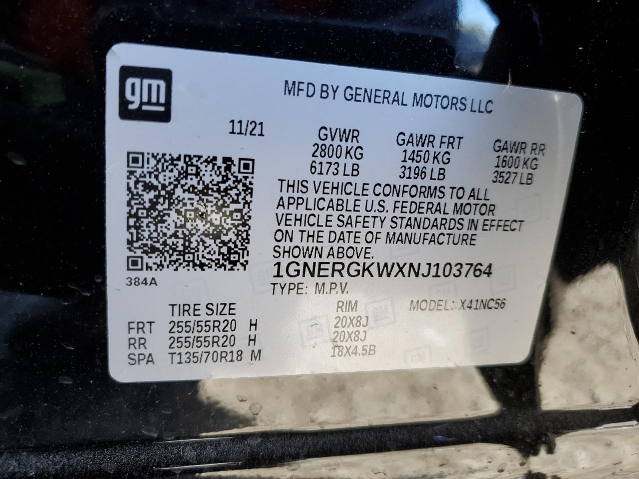 2022 CHEVROLET TRAVERSE LT VIN:1GNERGKWXNJ103764