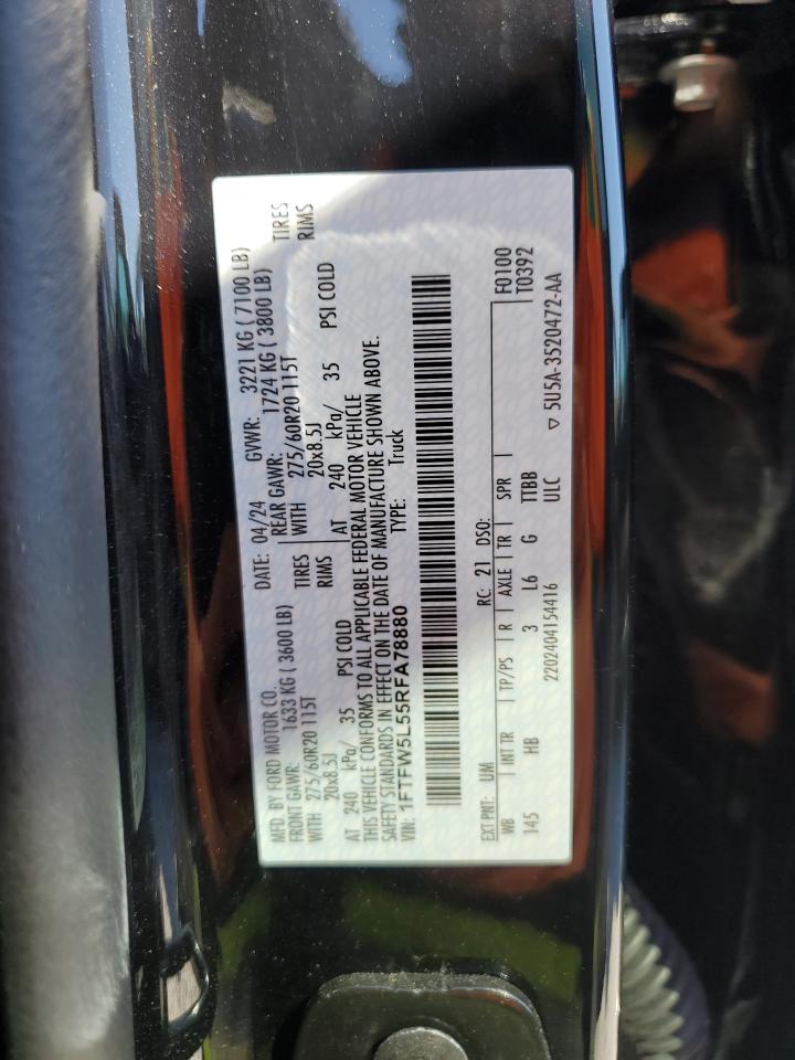 2024 FORD F150 LARIAT VIN:1FTFW5L55RFA78880