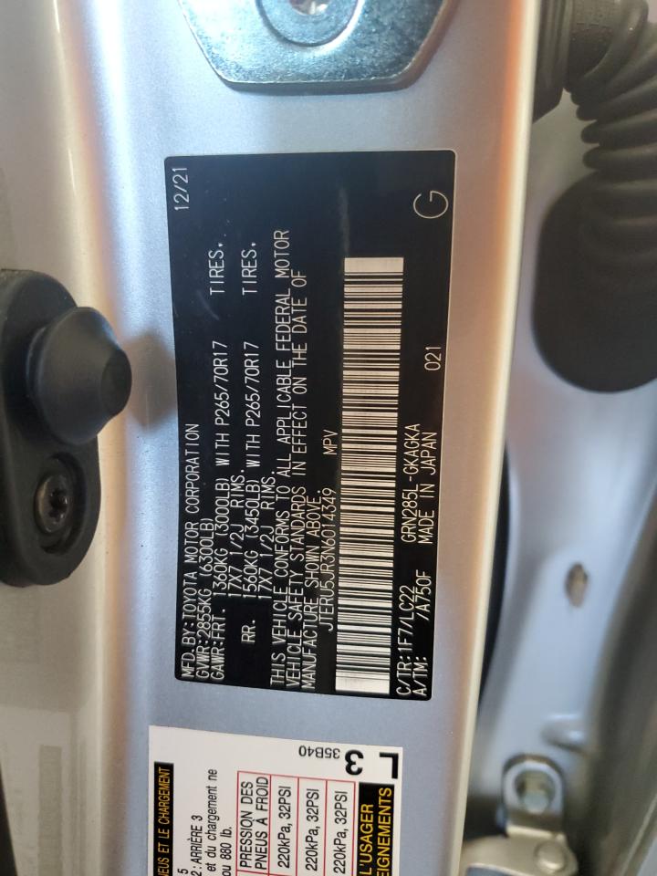 2022 TOYOTA 4RUNNER SR5 PREMIUM VIN:JTERU5JR3N6014349