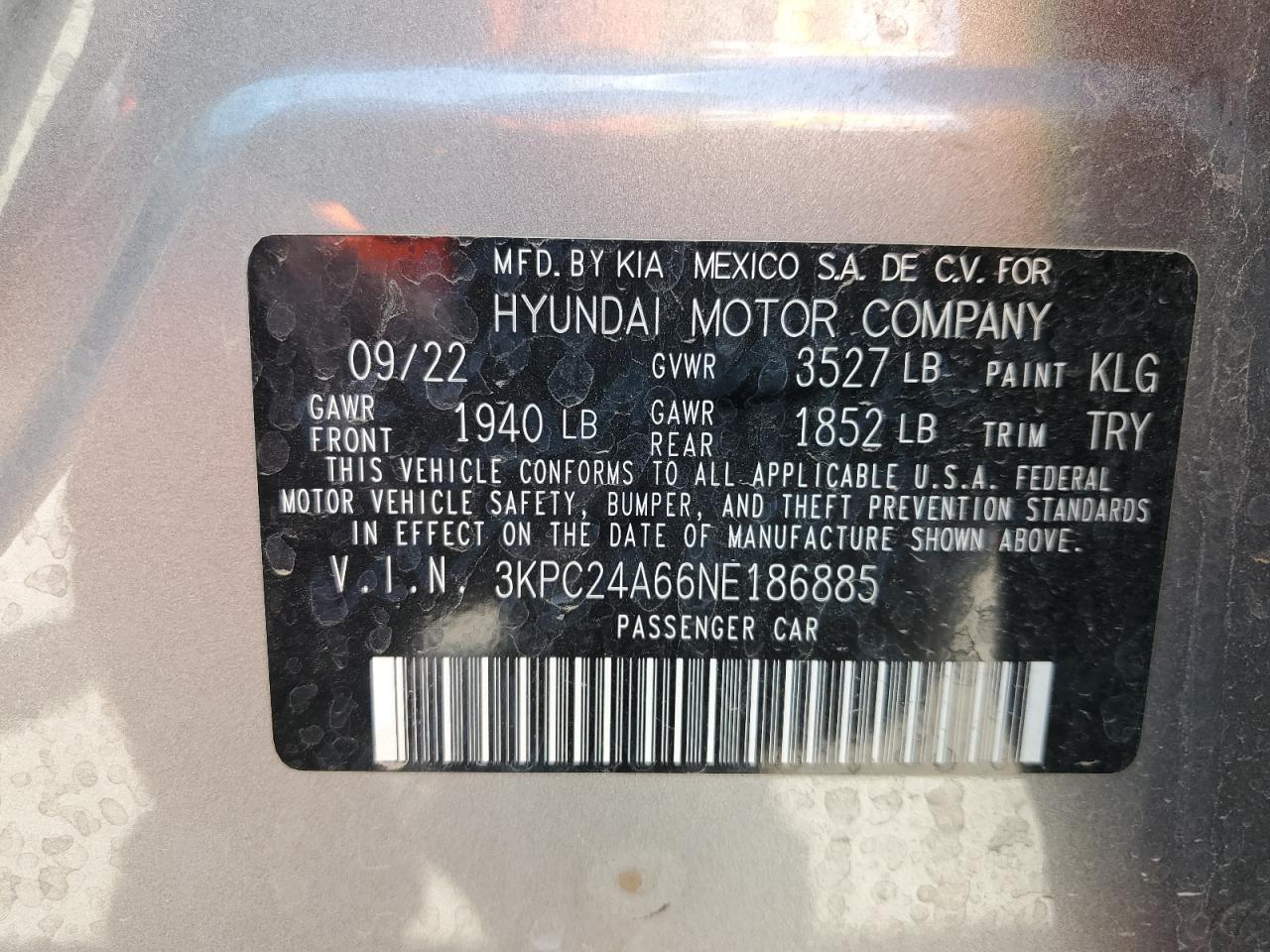 2022 HYUNDAI ACCENT SE VIN:3KPC24A66NE186885