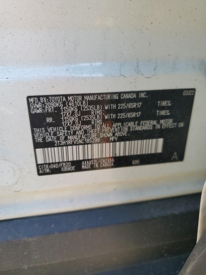 2022 TOYOTA RAV4 LE VIN:2T3H1RFV5NC185299