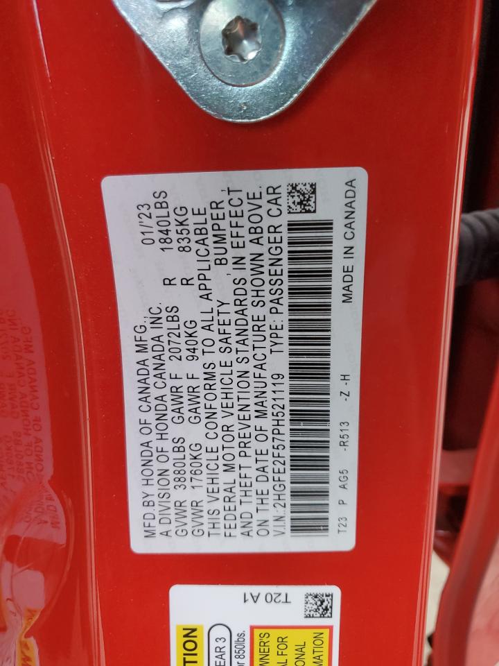 2023 HONDA CIVIC SPORT VIN:2HGFE2F57PH521119