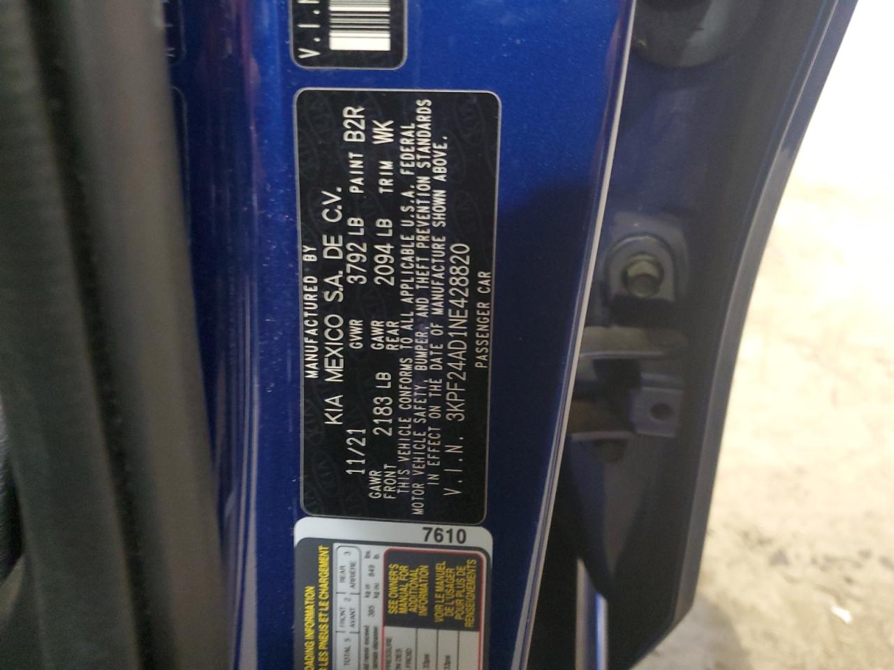 2022 KIA FORTE FE VIN:3KPF24AD1NE428820
