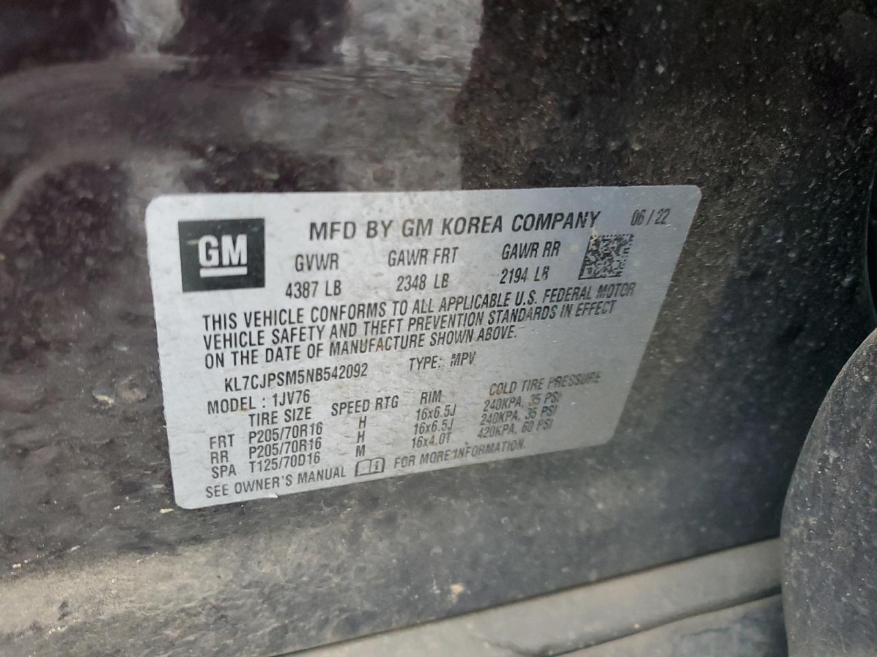 2022 CHEVROLET TRAX 1LT VIN:KL7CJPSM5NB542092