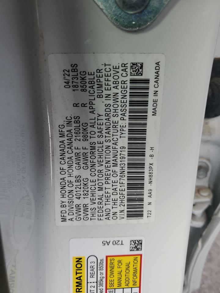 2022 HONDA CIVIC EX VIN:2HGFE1F76NH319719