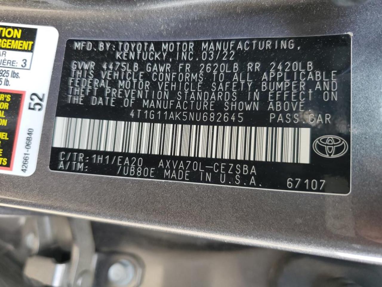 2022 TOYOTA CAMRY SE VIN:4T1G11AK5NU682645