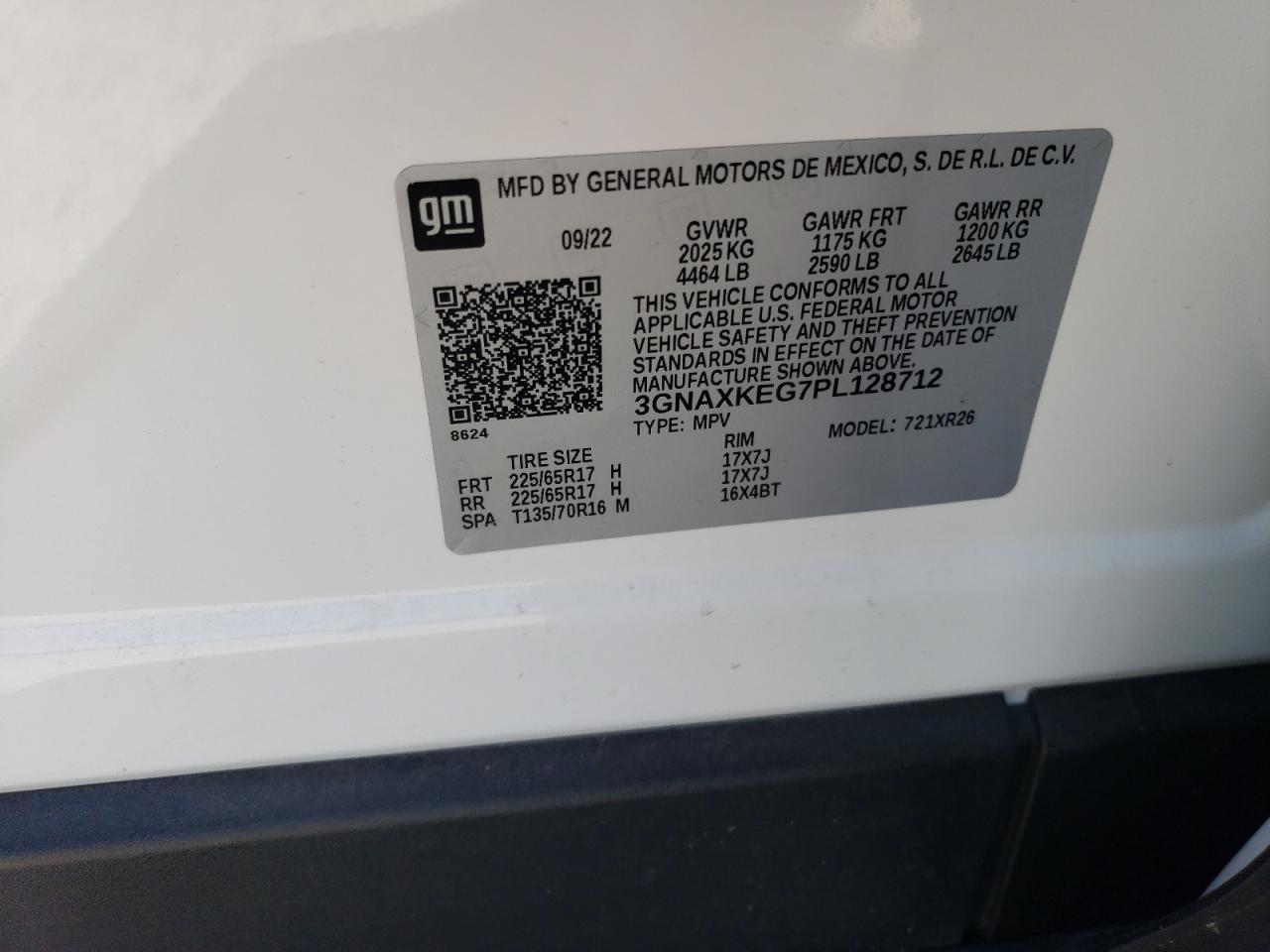 2023 CHEVROLET EQUINOX LT VIN:3GNAXKEG7PL128712