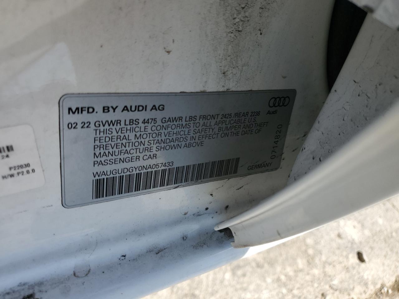 2022 AUDI A3 PREMIUM VIN:WAUGUDGY0NA057433