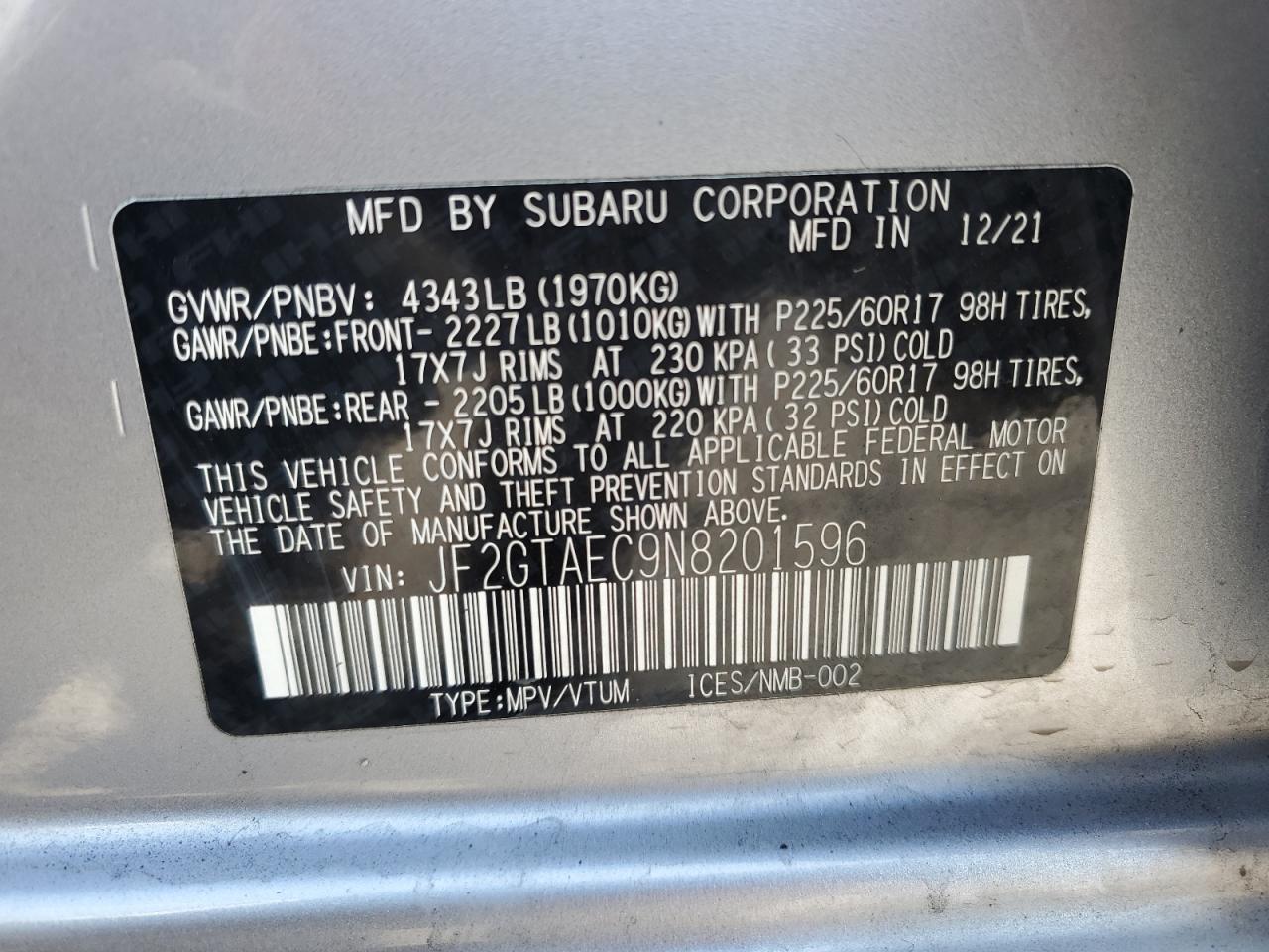 2022 SUBARU CROSSTREK PREMIUM VIN:JF2GTAEC9N8201596